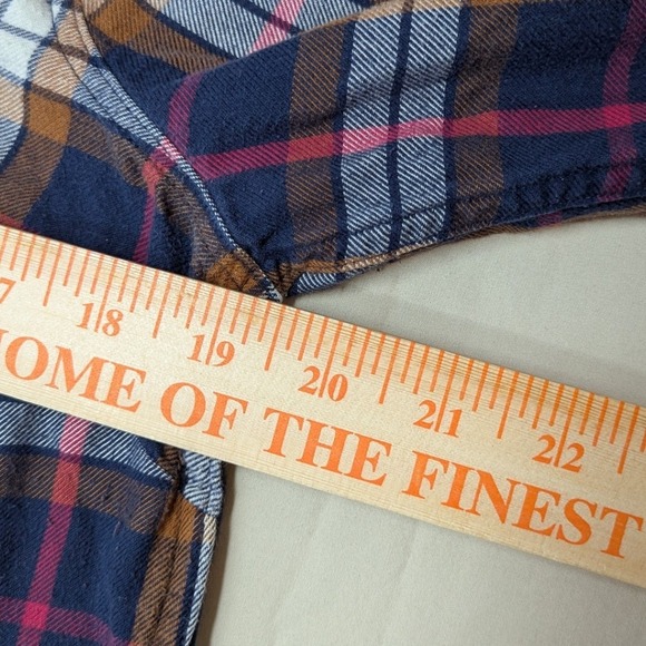 Eddie Bauer Women's PM Plaid Flannel Button Down Shirt Long Sleeve Navy Brown - Picture 7 of 11